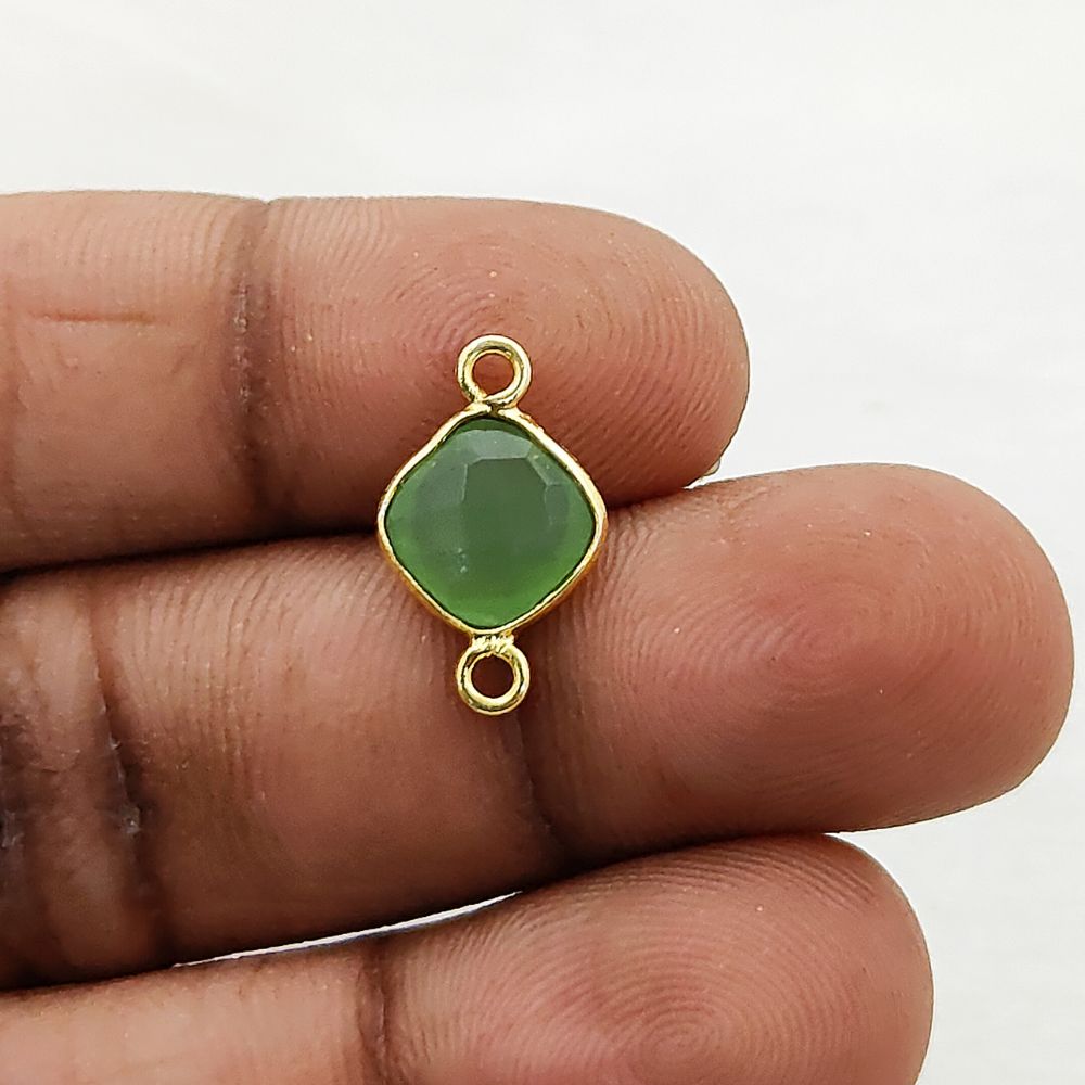 Green Chalcedony Cushion Gemstone Connector 8mm Gold Plated Dual Loop Faceted Link for DIY Jewelry- Selling Per Piece