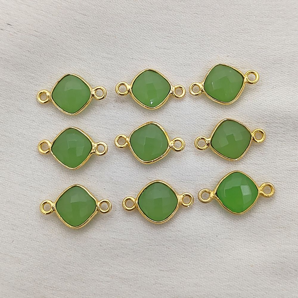 Green Chalcedony Cushion Gemstone Connector 8mm Gold Plated Dual Loop Faceted Link for DIY Jewelry- Selling Per Piece