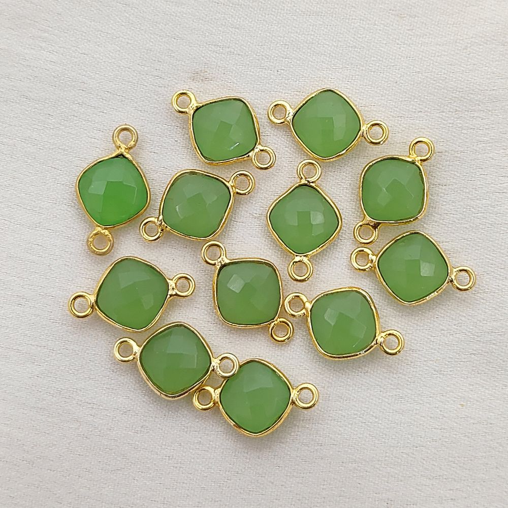 Green Chalcedony Cushion Gemstone Connector 8mm Gold Plated Dual Loop Faceted Link for DIY Jewelry- Selling Per Piece
