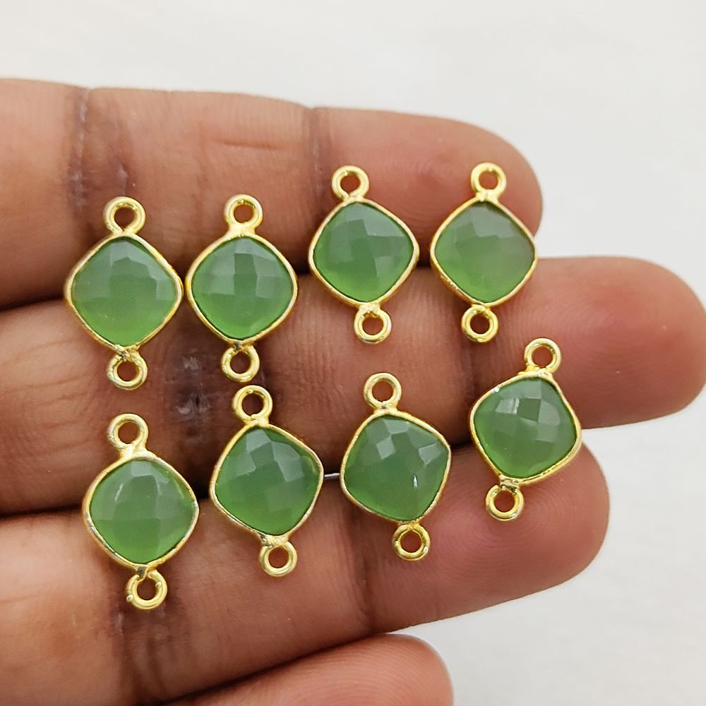 Green Chalcedony Cushion Gemstone Connector 8mm Gold Plated Dual Loop Faceted Link for DIY Jewelry- Selling Per Piece