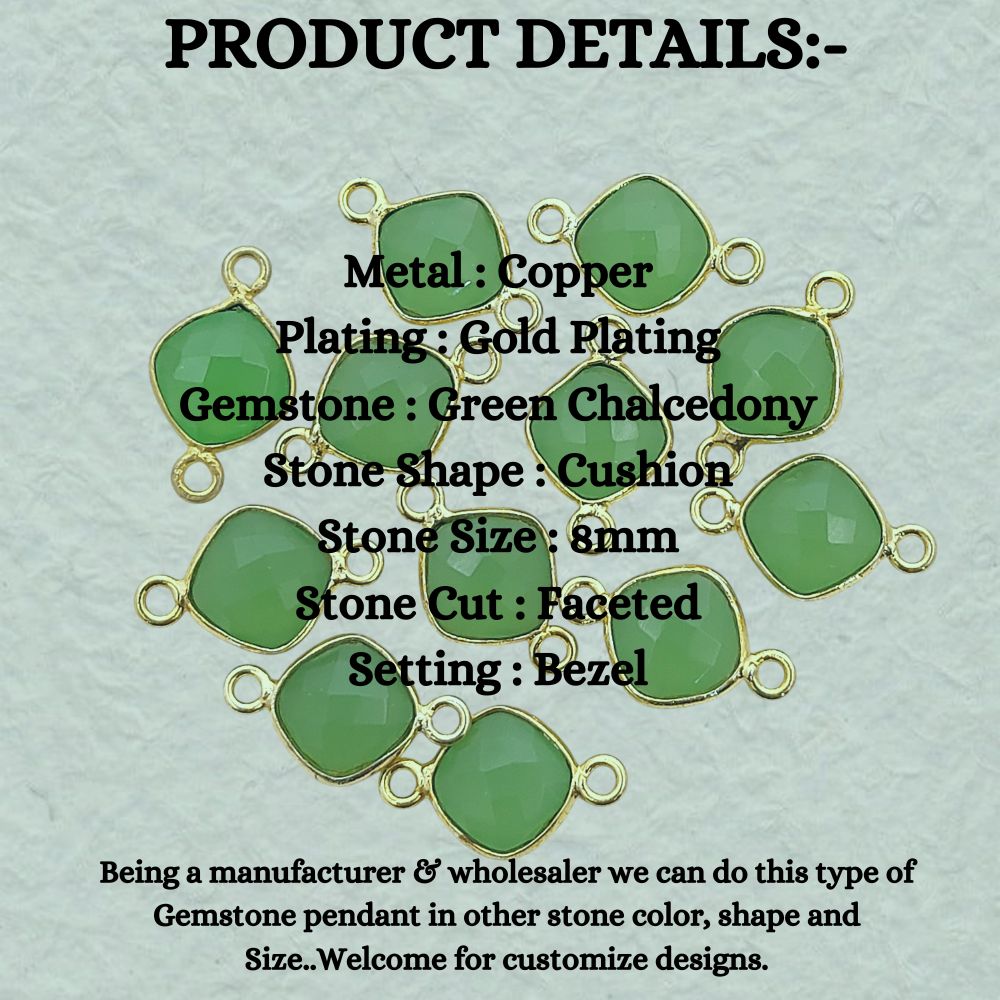 Green Chalcedony Cushion Gemstone Connector 8mm Gold Plated Dual Loop Faceted Link for DIY Jewelry- Selling Per Piece