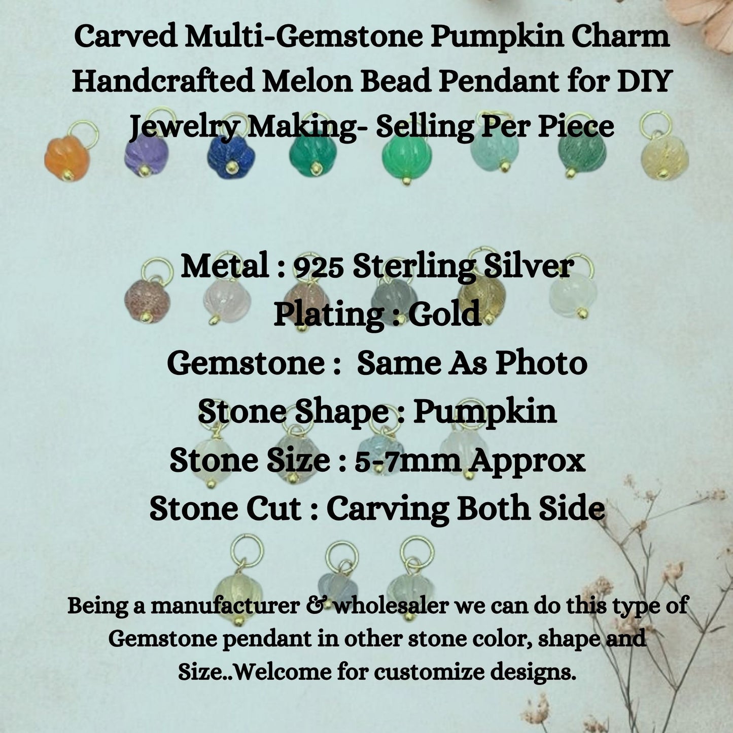 Carved Multi-Gemstone Pumpkin Charm Handcrafted Melon Bead Pendant for DIY Jewelry Making- Selling Per Piece