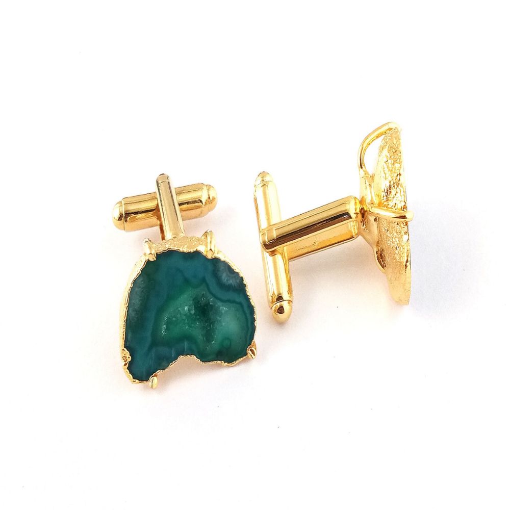 Electroplated Gold Green Druzy Geode Cufflinks - Groomsmen & Anniversary Gift Set