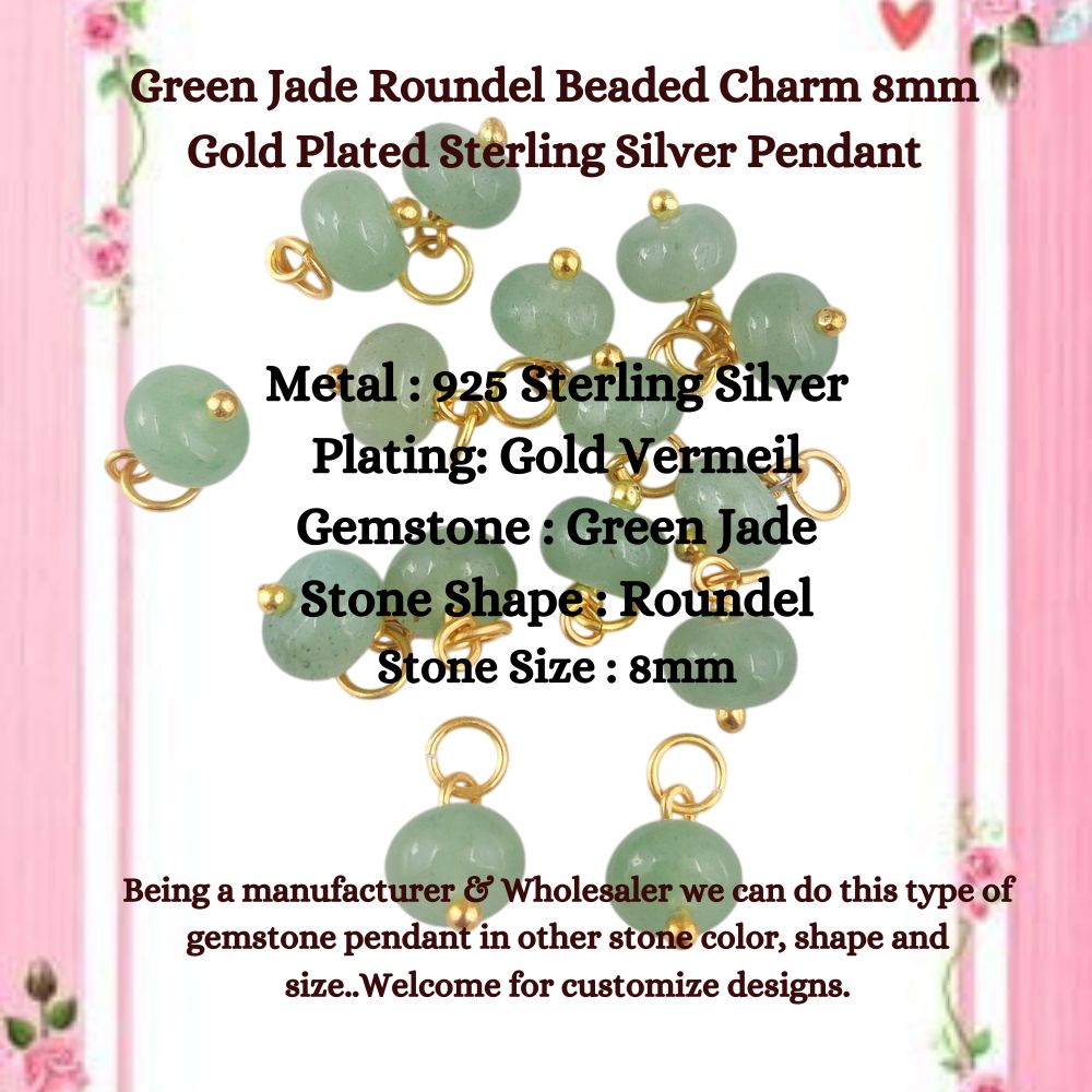 Green Jade Roundel Beaded Charm 8mm Gold Plated Sterling Silver Pendant for Earrings & Necklaces- Selling Per Piece