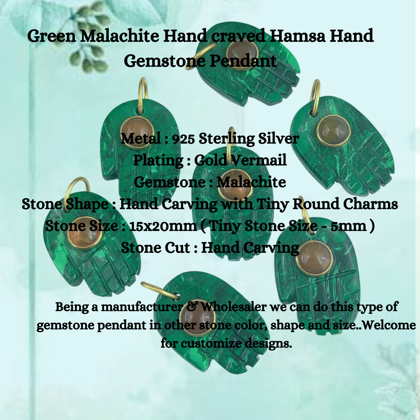 Green Malachite Hand craved Hamsa Hand Gemstone Pendant Gold Vermeil Women Jewelry- Selling Per Piece