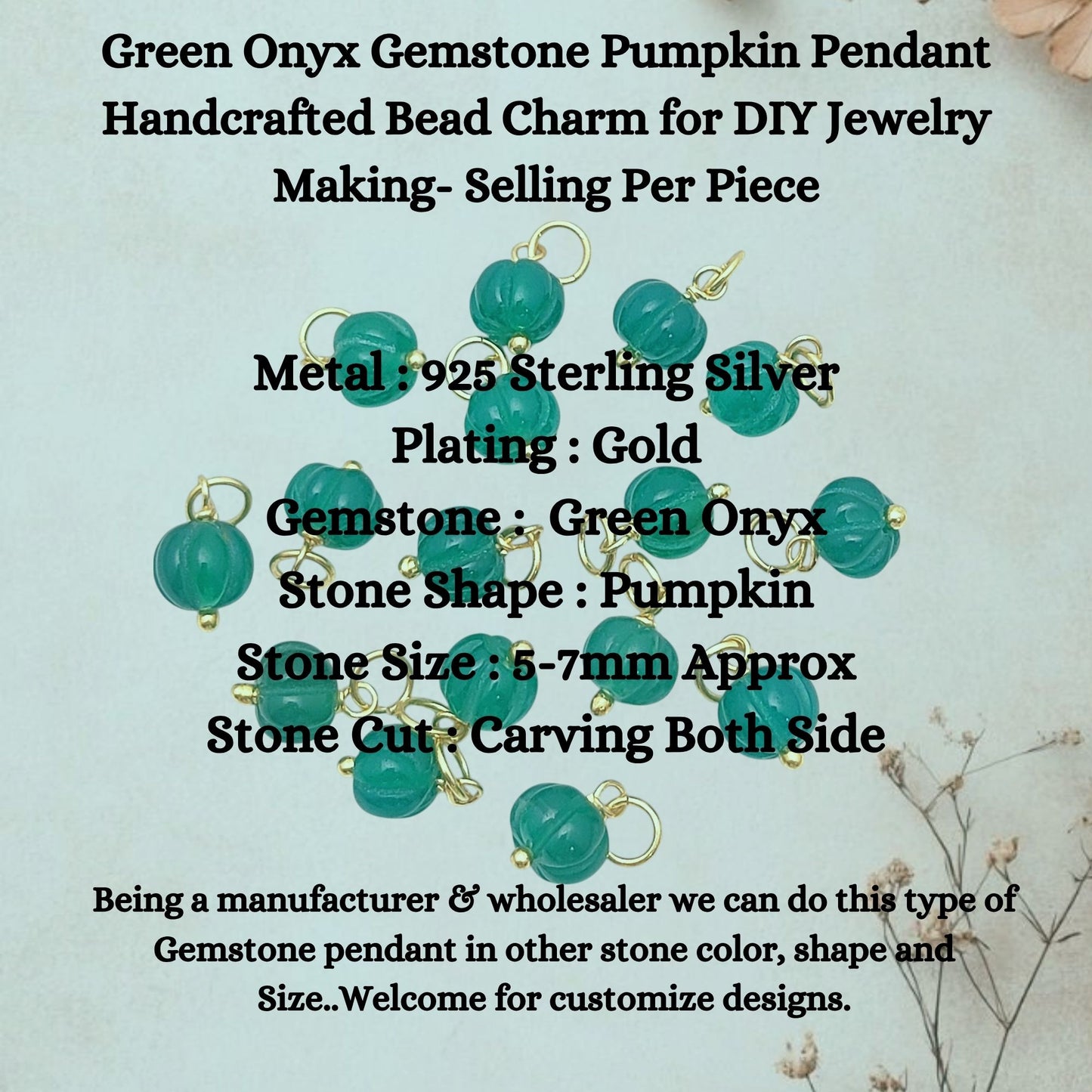 Green Onyx Gemstone Pumpkin Pendant Handcrafted Bead Charm for DIY Jewelry Making- Selling Per Piece
