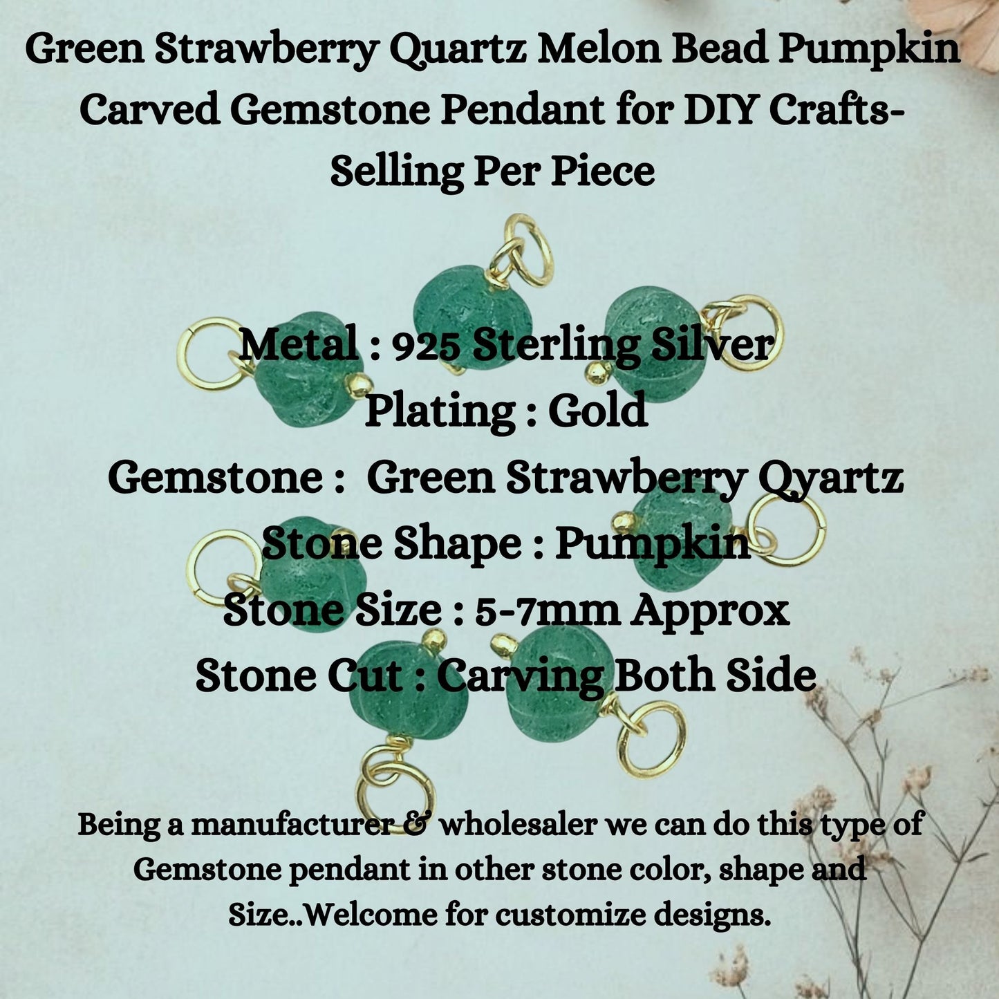 Green Strawberry Quartz Melon Bead Pumpkin Carved Gemstone Pendant for DIY Crafts- Selling Per Piece