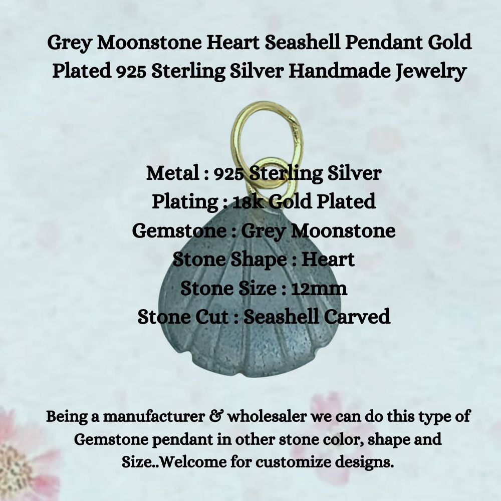 Gold Plated Sterling Silver Grey Moonstone Seashell Pendant Natural Gemstone Jewelry