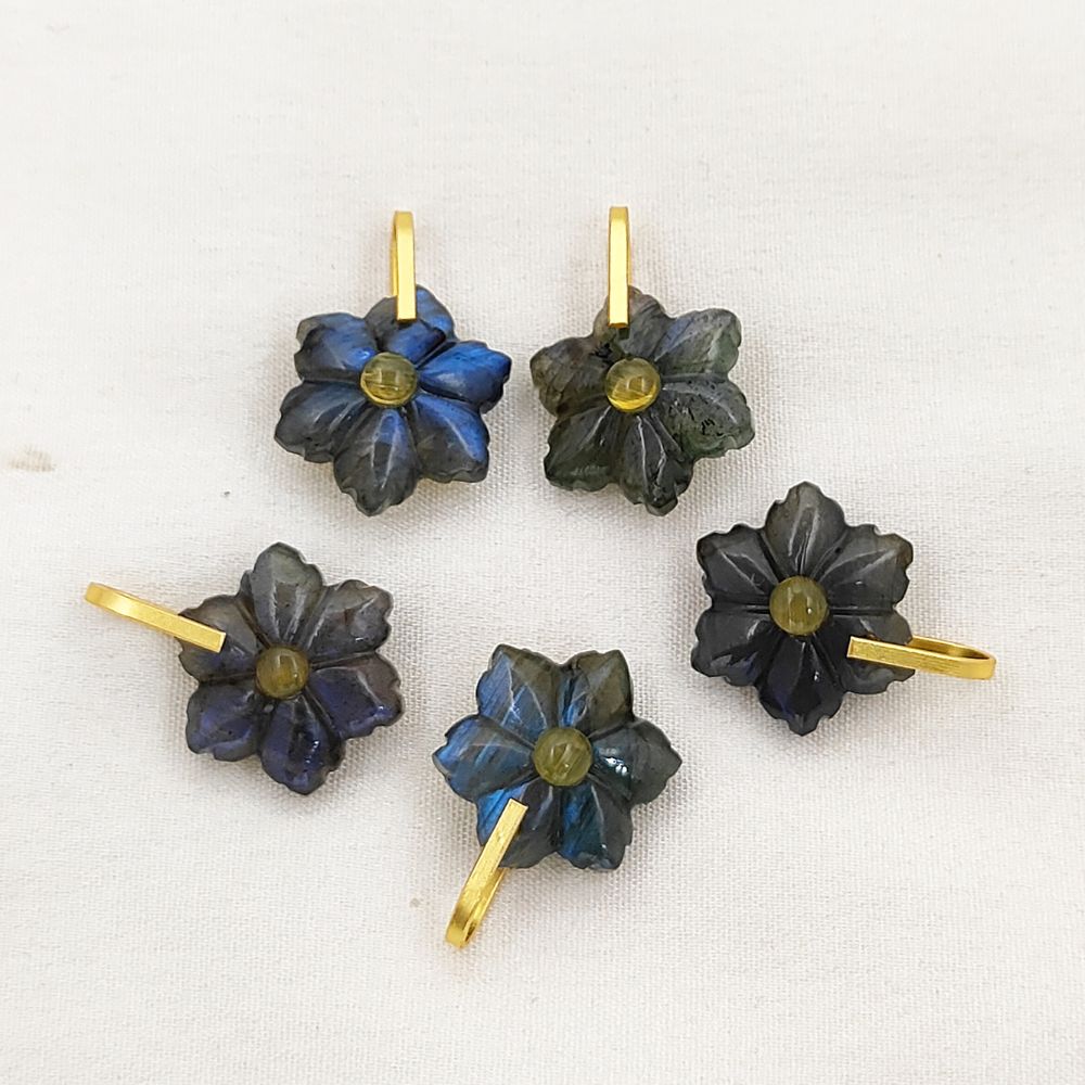 Hand-Carved Blue Labradorite Flower Pendant in 925 Sterling Silver Double Stone Healing Crystal Charm for Jewelry Making- Selling Per Piece