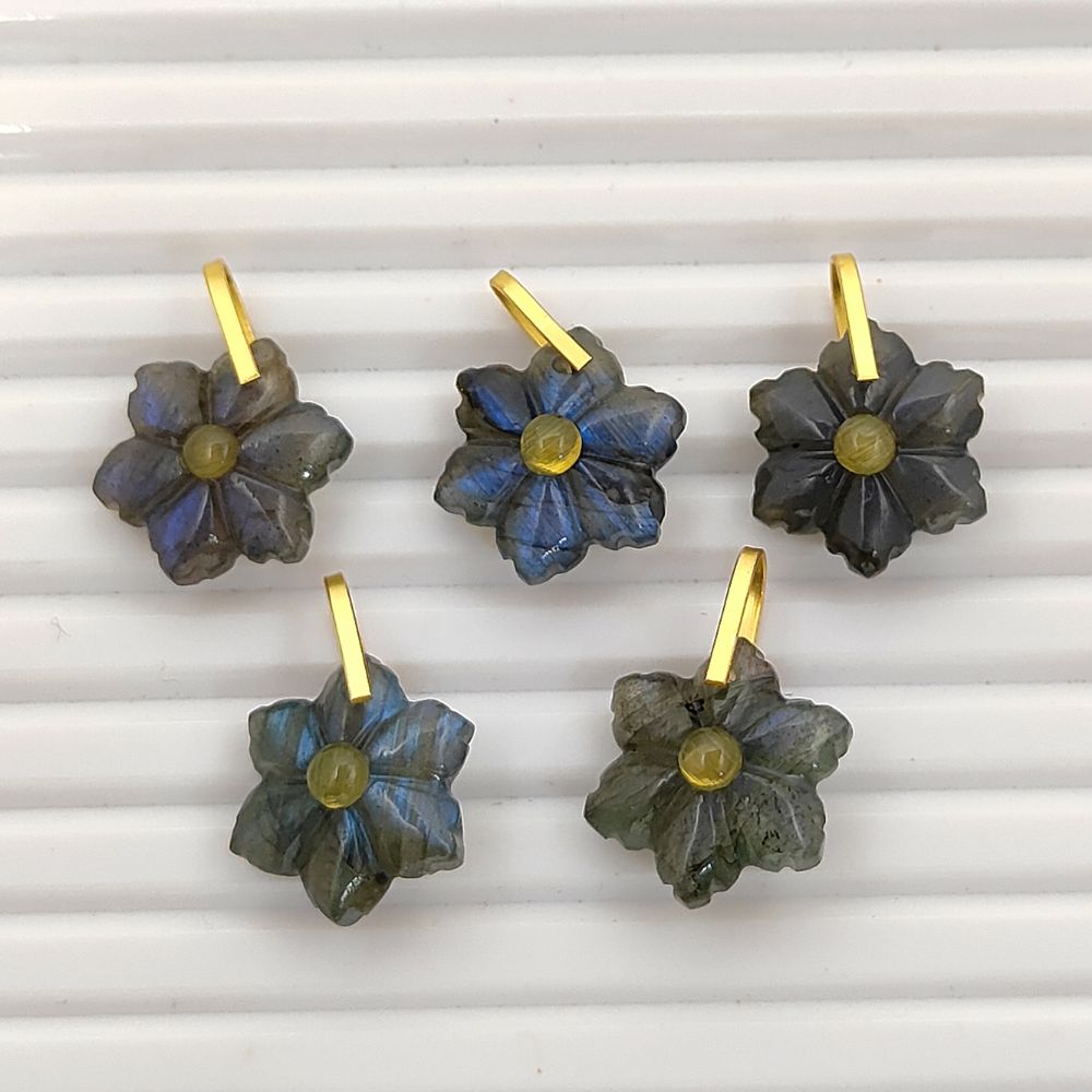 Hand-Carved Blue Labradorite Flower Pendant in 925 Sterling Silver Double Stone Healing Crystal Charm for Jewelry Making- Selling Per Piece