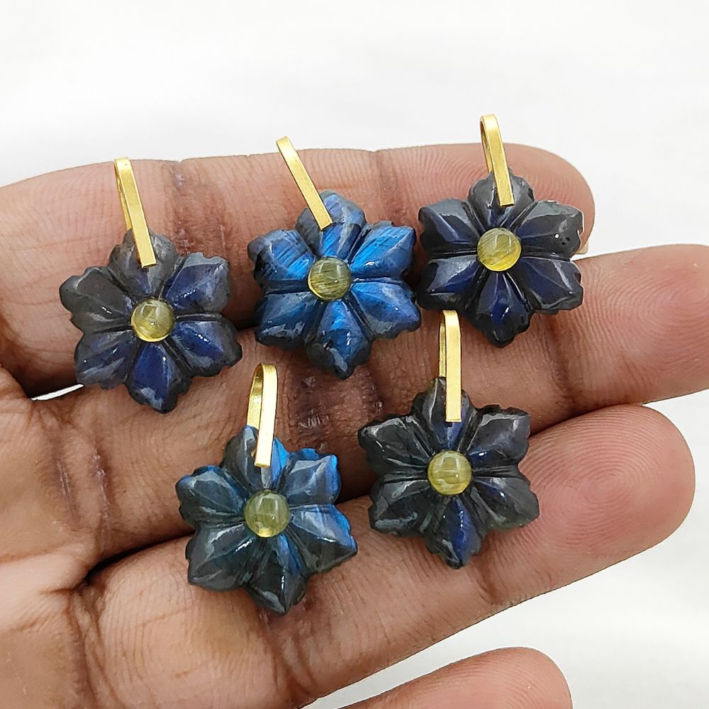 Hand-Carved Blue Labradorite Flower Pendant in 925 Sterling Silver Double Stone Healing Crystal Charm for Jewelry Making- Selling Per Piece
