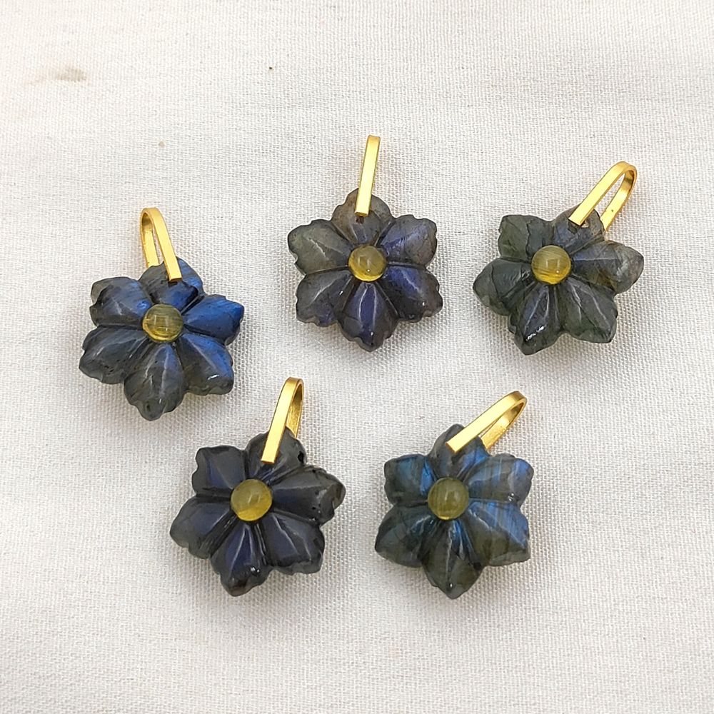 Hand-Carved Blue Labradorite Flower Pendant in 925 Sterling Silver Double Stone Healing Crystal Charm for Jewelry Making- Selling Per Piece