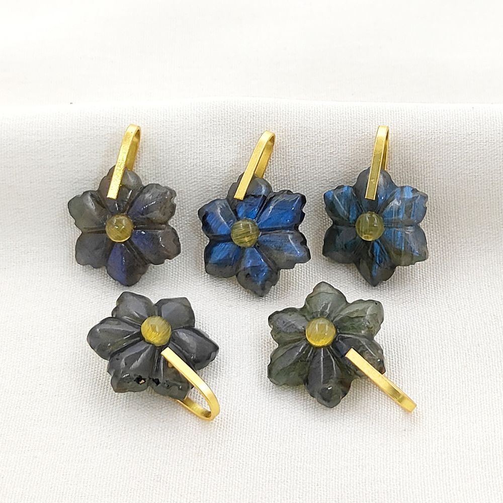 Hand-Carved Blue Labradorite Flower Pendant in 925 Sterling Silver Double Stone Healing Crystal Charm for Jewelry Making- Selling Per Piece
