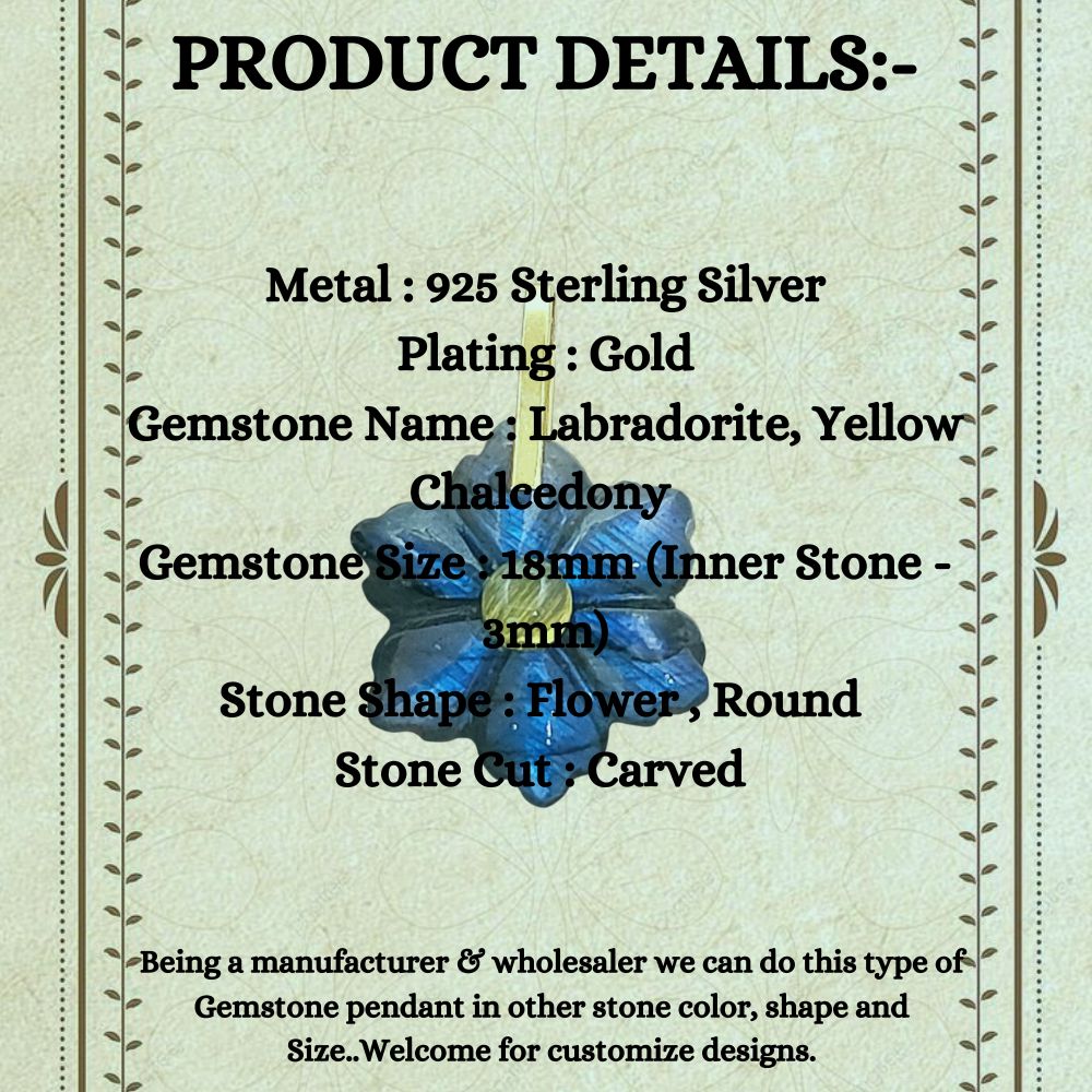 Hand-Carved Blue Labradorite Flower Pendant in 925 Sterling Silver Double Stone Healing Crystal Charm for Jewelry Making- Selling Per Piece