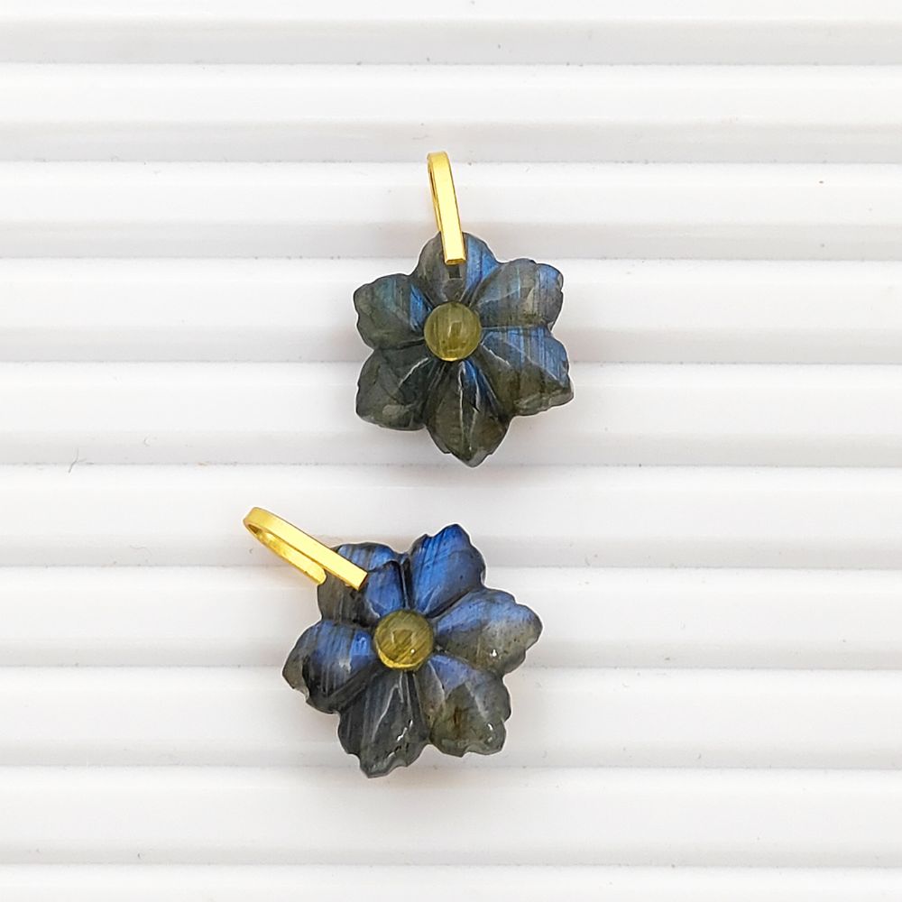 Hand-Carved Blue Labradorite Flower Pendant in 925 Sterling Silver Double Stone Healing Crystal Charm for Jewelry Making- Selling Per Piece