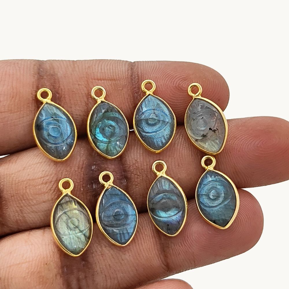 Hand-Carved Labradorite Evil Eye Pendant for Necklace in Gold Plated Sterling Silver Spiritual Gemstone Jewelry- Selling Per Piece