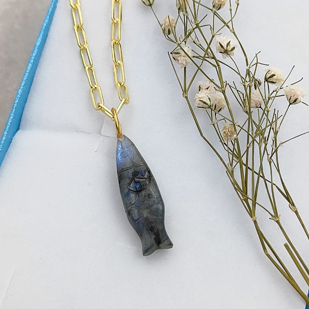 Hand-Carved Labradorite Fish Pendant for Necklace Gold Plated Paperclip Chain Spiritual Jewelry Gift- Selling Per Piece