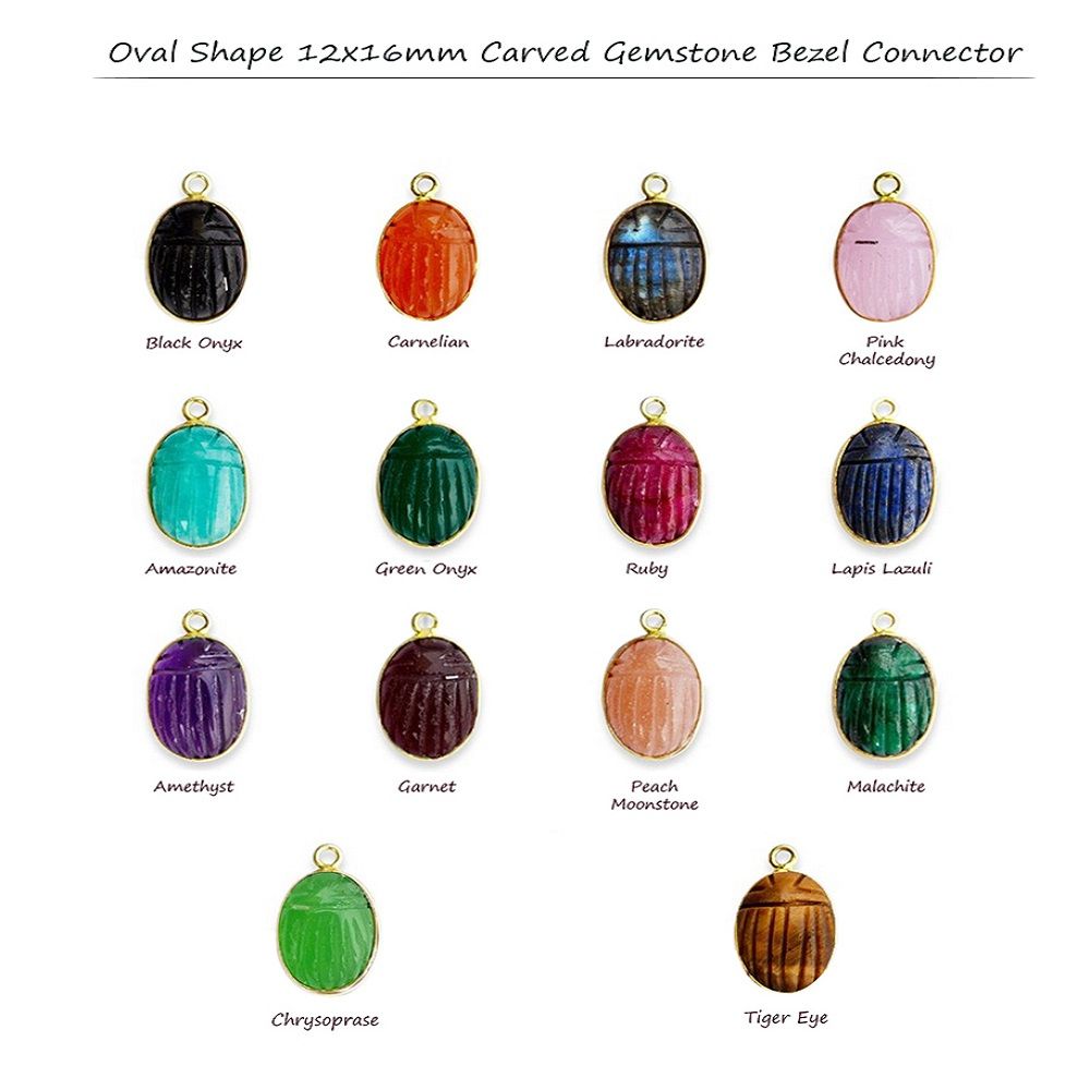 Hand-Carved Multi-Color Gemstone Oval Pendant 12x16mm Gold Plated 925 Silver Bezel Connector for Jewelry Making