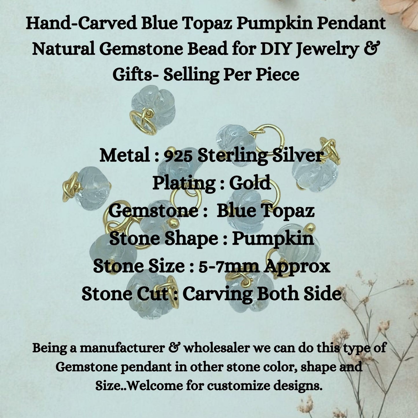 Hand-Carved Blue Topaz Pumpkin Pendant Natural Gemstone Bead for DIY Jewelry & Gifts- Selling Per Piece