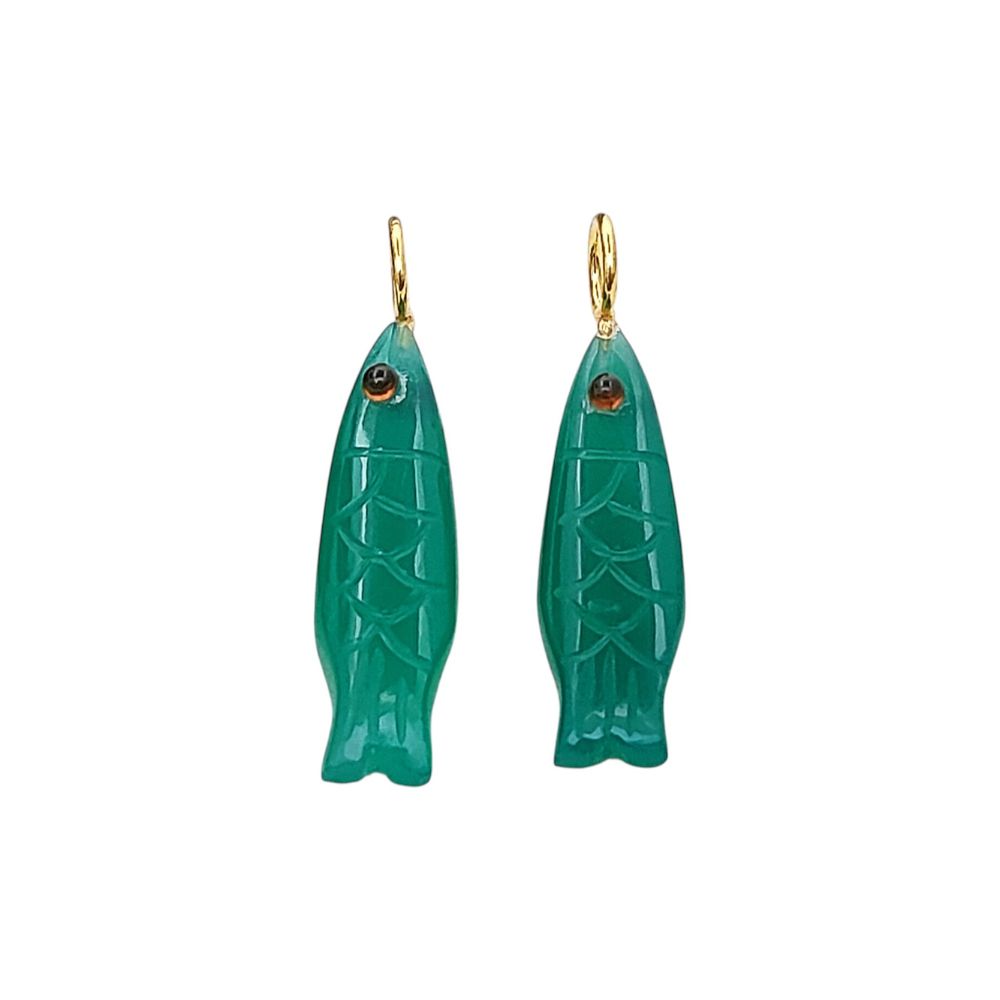 Hand-carved green onyx fish pendant in 925 sterling silver