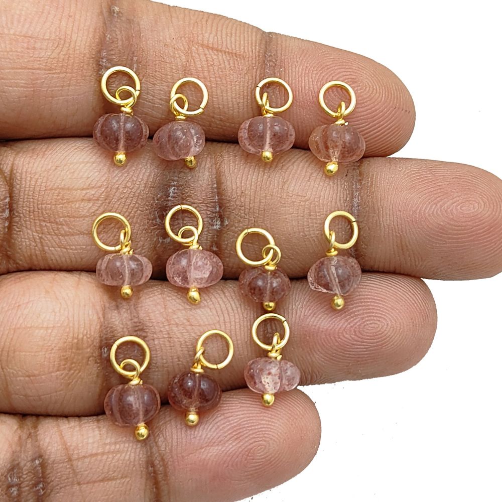 Hand-Carved Pink Strawberry Quartz Pumpkin Pendant Natural Gemstone Bead for Fall Jewelry- Selling Per Piece