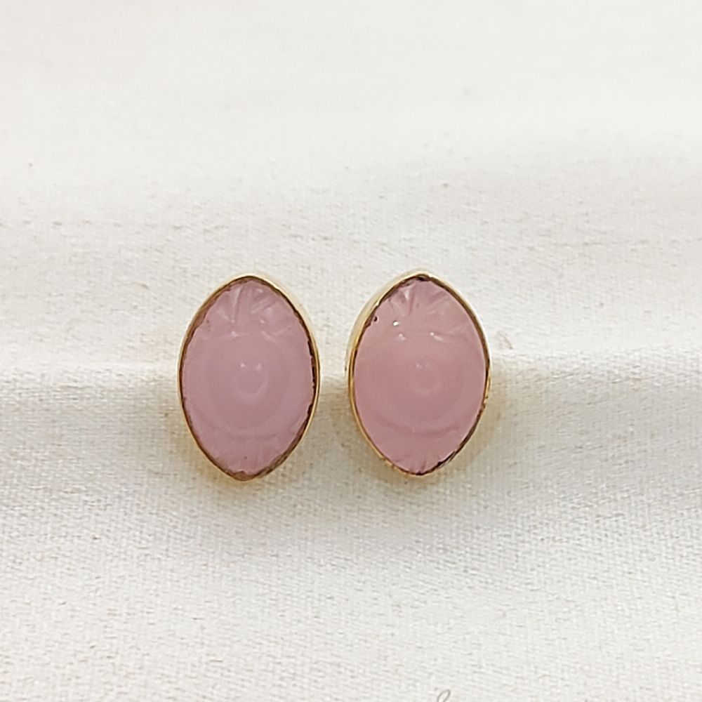 Hand Carved Evil Eye Pink Chalcedony Stud Earrings Marquise Gemstone Gold Vermeil Boho Jewelry- Selling Per Pair
