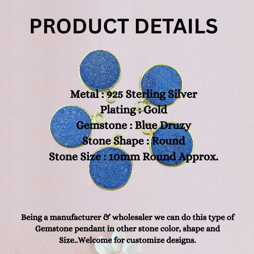 Handcrafted Blue Druzy Round Pendant Gold Plated Gemstone Charm for Boho & Healing Jewelry- Selling Per Piece
