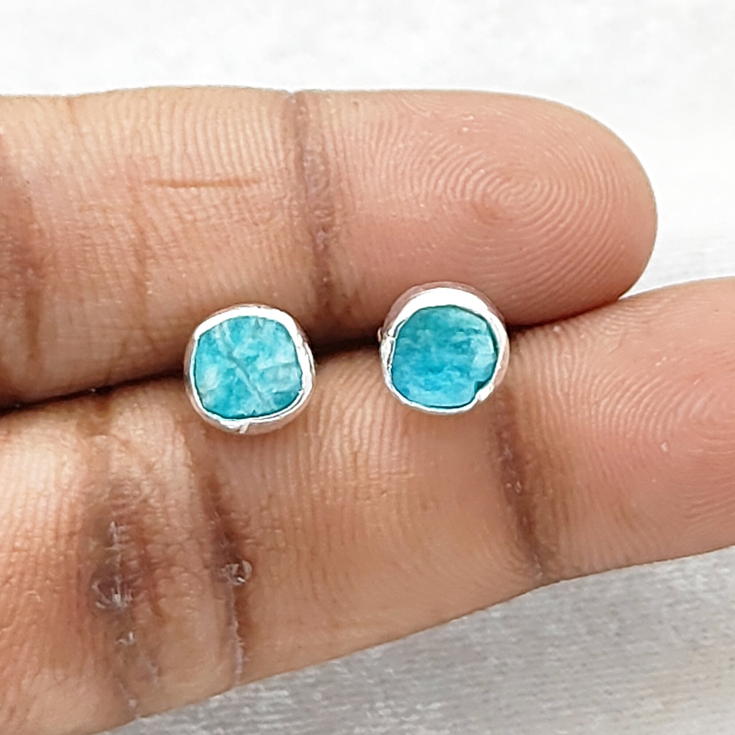 Handcrafted Raw Amazonite Stud Earrings Natural Uncut Gemstone Minimalist Jewelry for Her- Selling Per Pair