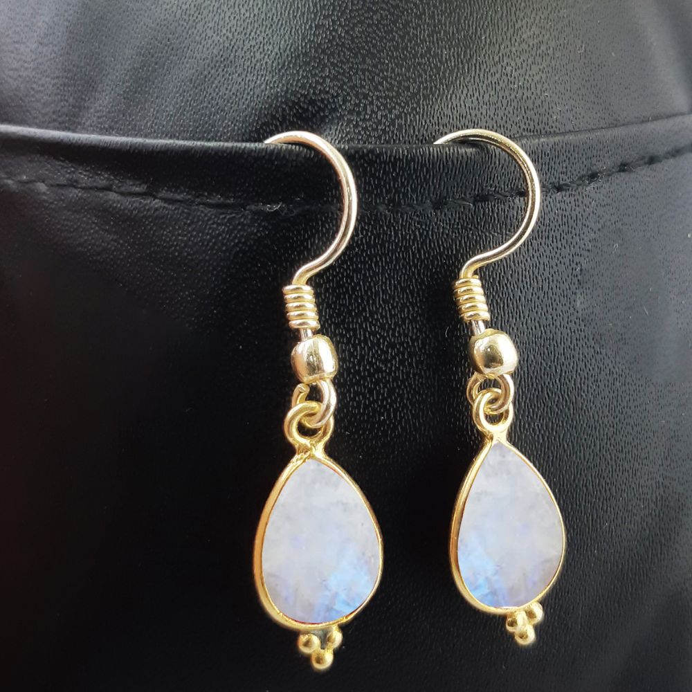 Bezel Set Rainbow Moonstone Dangle Earrings – Elegant Gold Plated Jewelry for Women