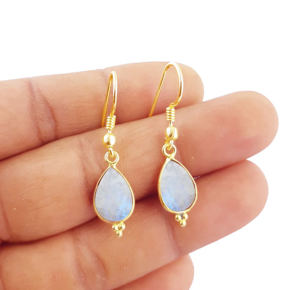 Minimalist Rainbow Moonstone Earrings – 12x8mm Teardrop Gold Plated Gemstone Jewelry