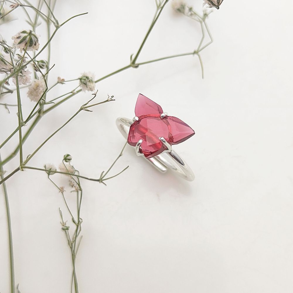 Romantic Boho Ring with Pink Quartz and Butterfly Design – Handmade Gift Idea