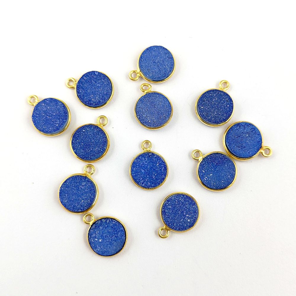 Green & Blue Druzy Round Gemstone Pendant Handcrafted Gold Plated Charm for DIY Jewelry- Selling Per Piece