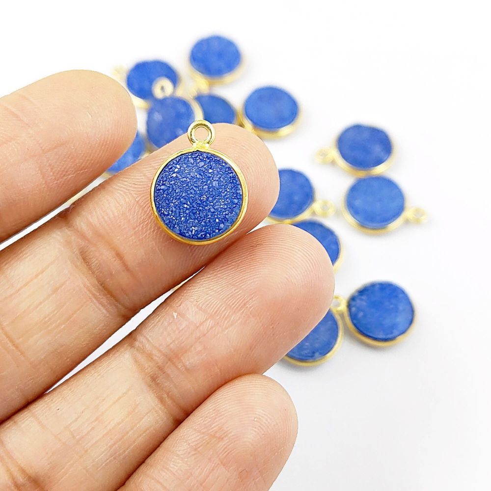 Green & Blue Druzy Round Gemstone Pendant Handcrafted Gold Plated Charm for DIY Jewelry- Selling Per Piece