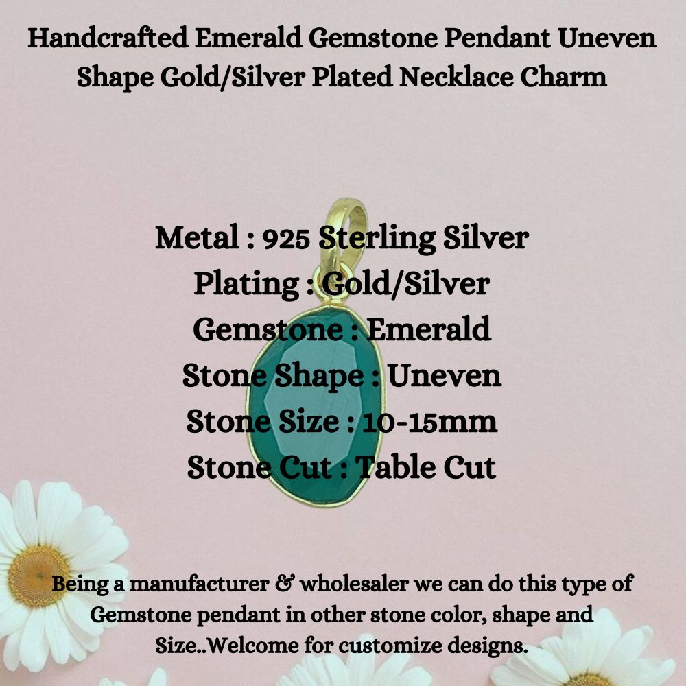 Handcrafted Emerald Gemstone Pendant Uneven Shape Gold/Silver Plated Necklace Charm