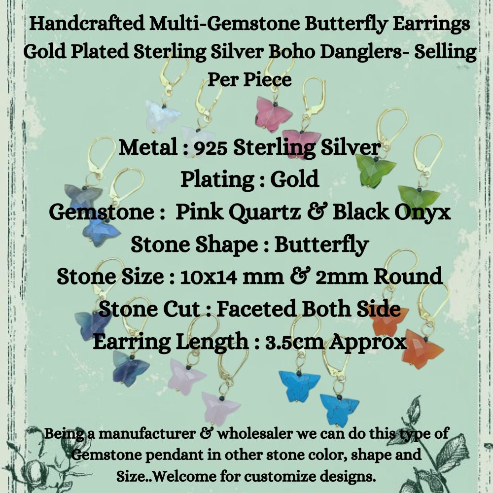 Handcrafted Multi-Gemstone Butterfly Earrings Gold Plated Sterling Silver Boho Danglers- Selling Per Piece
