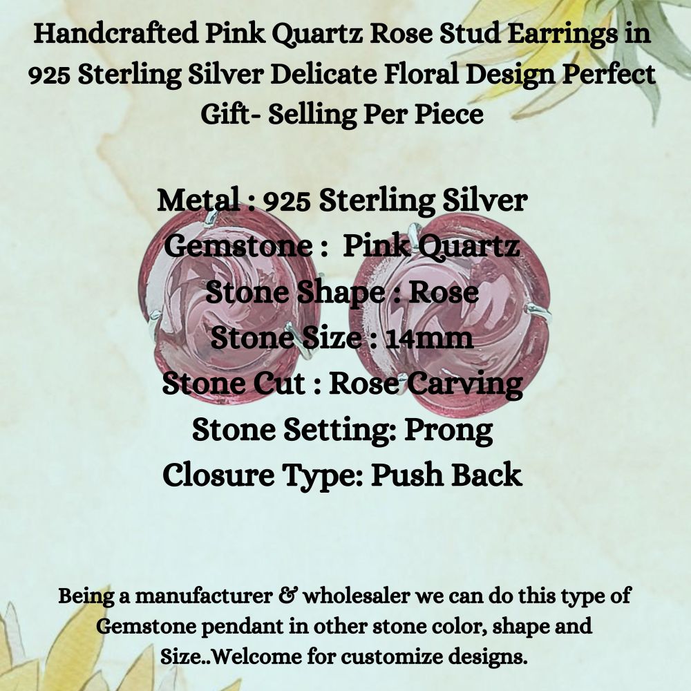 925 Silver Pink Quartz Stud – Handcarved Rose Flower Earring, Elegant Gift for Her (Sold Individually)