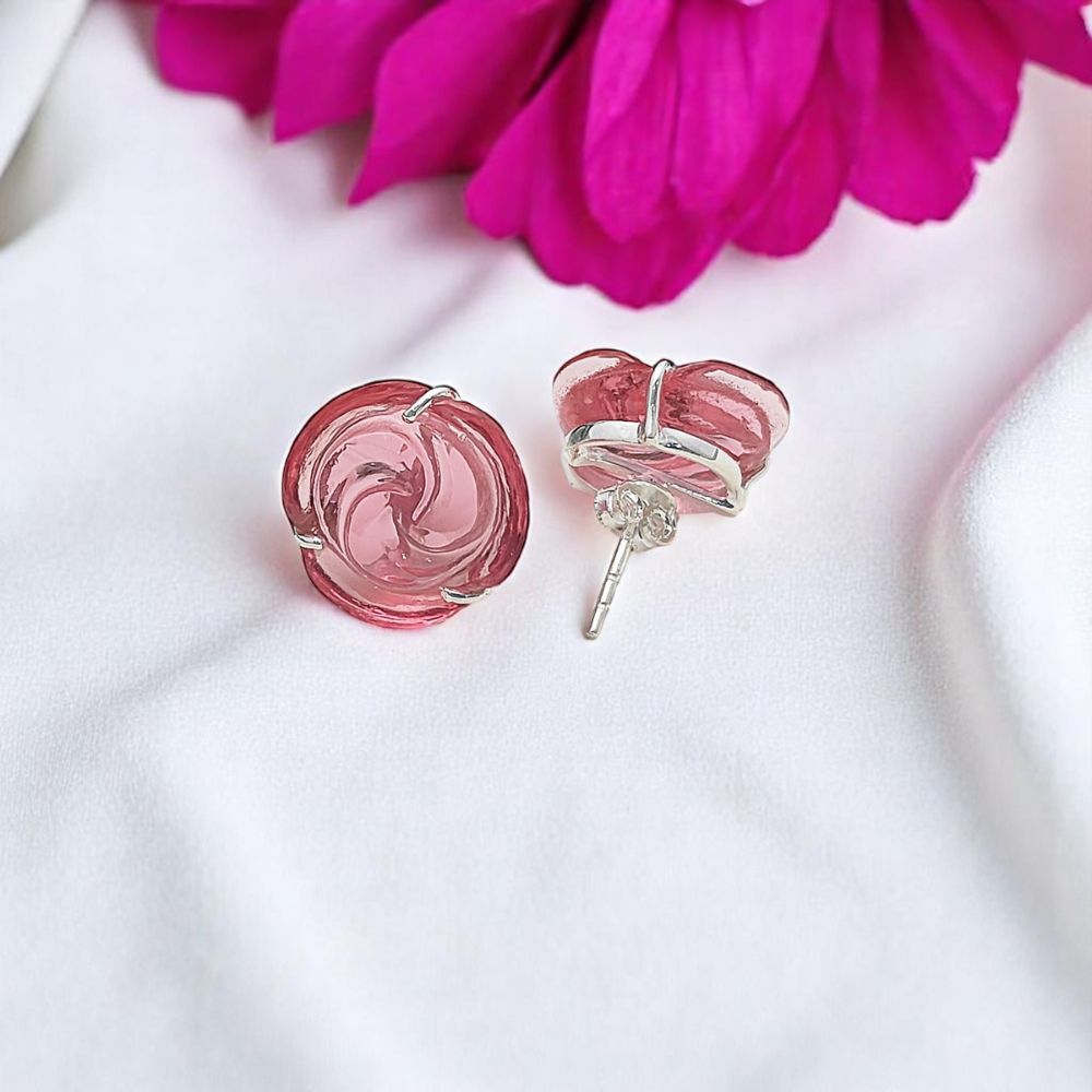 Delicate Rose Stud Earring in Pink Quartz – 925 Sterling Silver, Handcrafted Gift Jewelry (Sold by Piece)