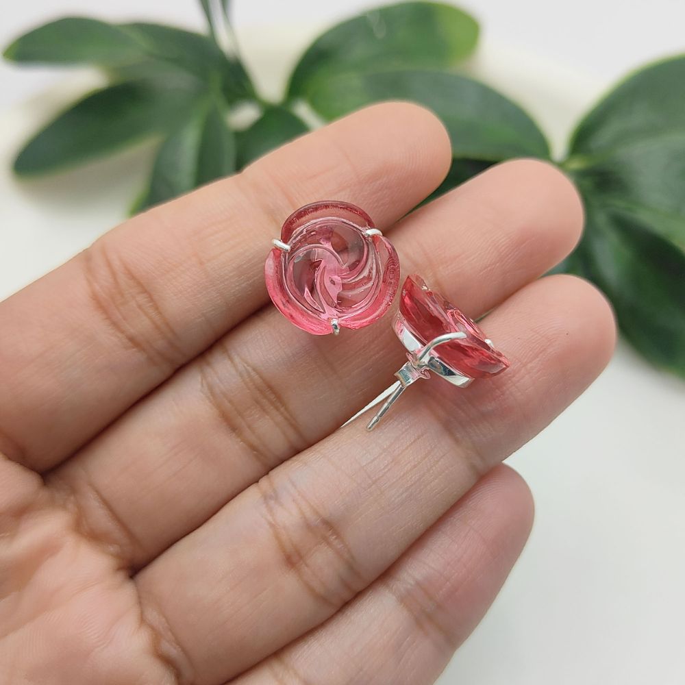 Floral Pink Quartz Stud Earring – 925 Sterling Silver Rose Design, Handmade Gemstone Jewelry (Per Piece)