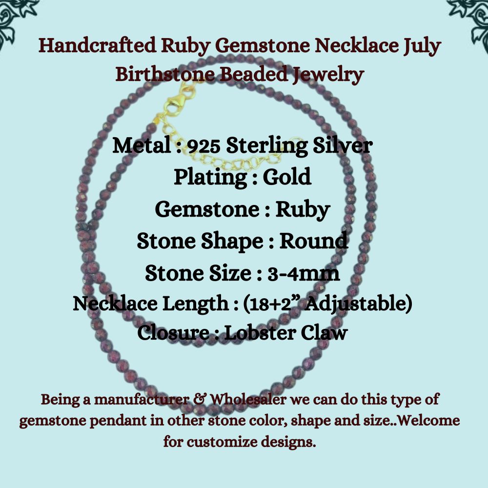 Handcrafted Ruby Gemstone Necklace July Birthstone Beaded Jewelry Gold Plated Sterling Silver Boho Chic Statement Necklace (Adjustable 18+2 Inch Chain) – Selling/Piece