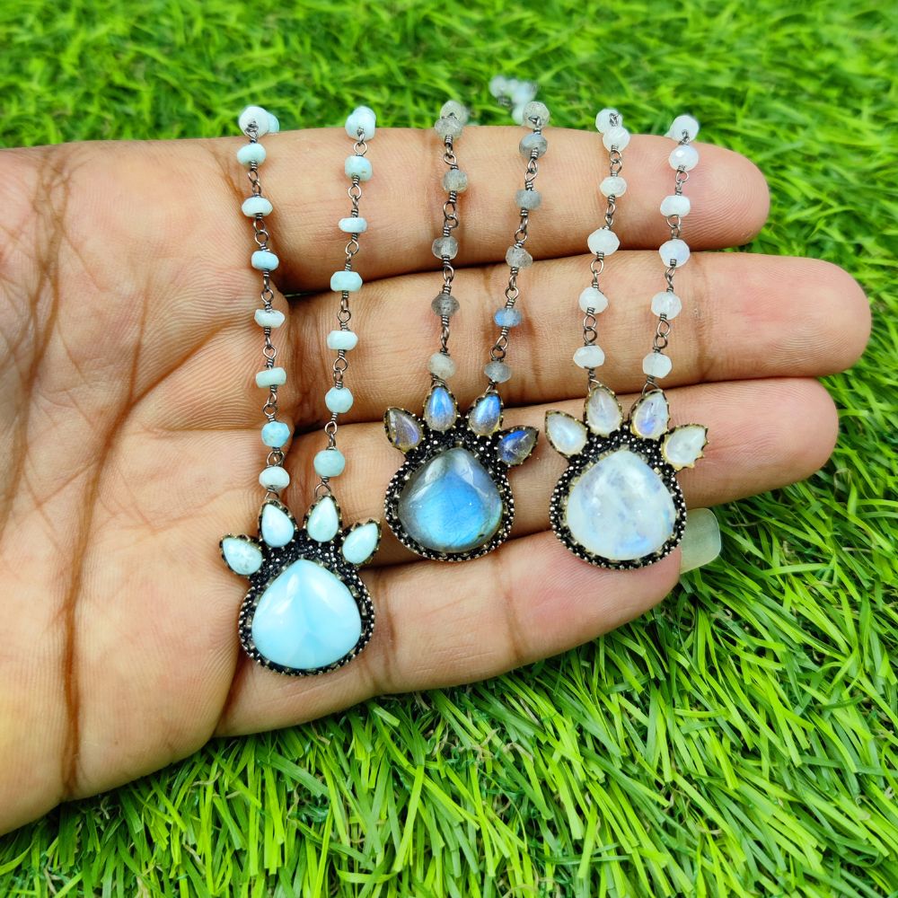 14mm heart gemstone pendant necklace with oxidized beaded chain – dainty and minimalist jewelry gift for women.