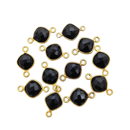 Handmade 8mm Black Onyx Gemstone Connector Cushion Cut Gold Plated Dual Loop Charm for Jewelry Making- Selling Per Piece