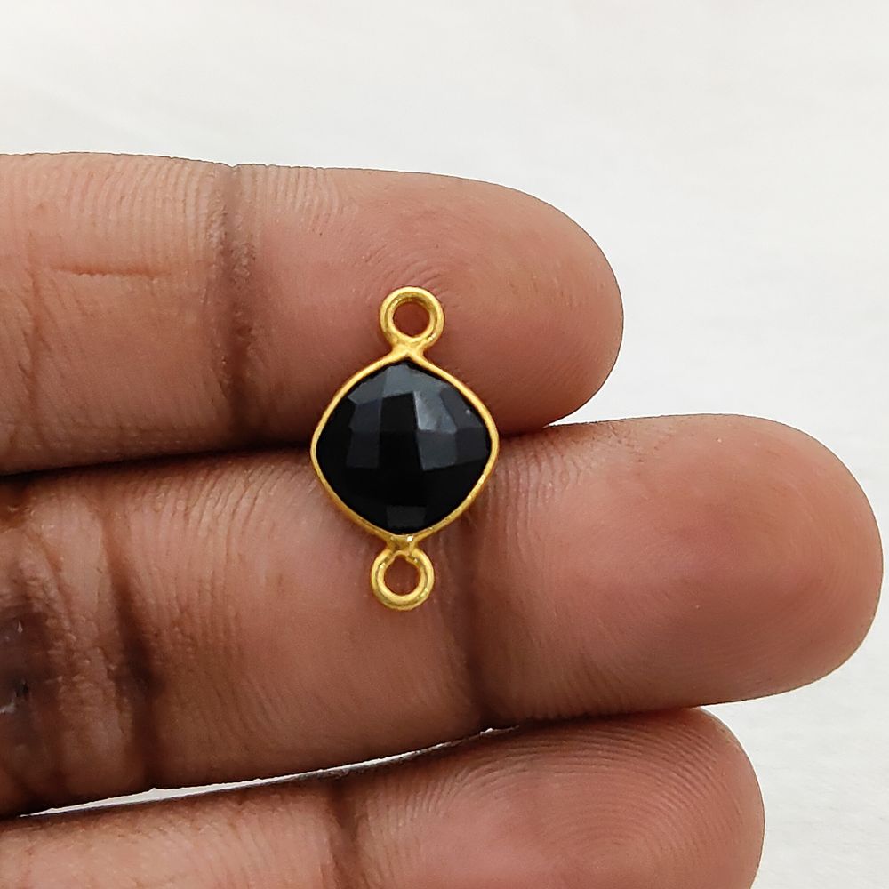 Handmade 8mm Black Onyx Gemstone Connector Cushion Cut Gold Plated Dual Loop Charm for Jewelry Making- Selling Per Piece