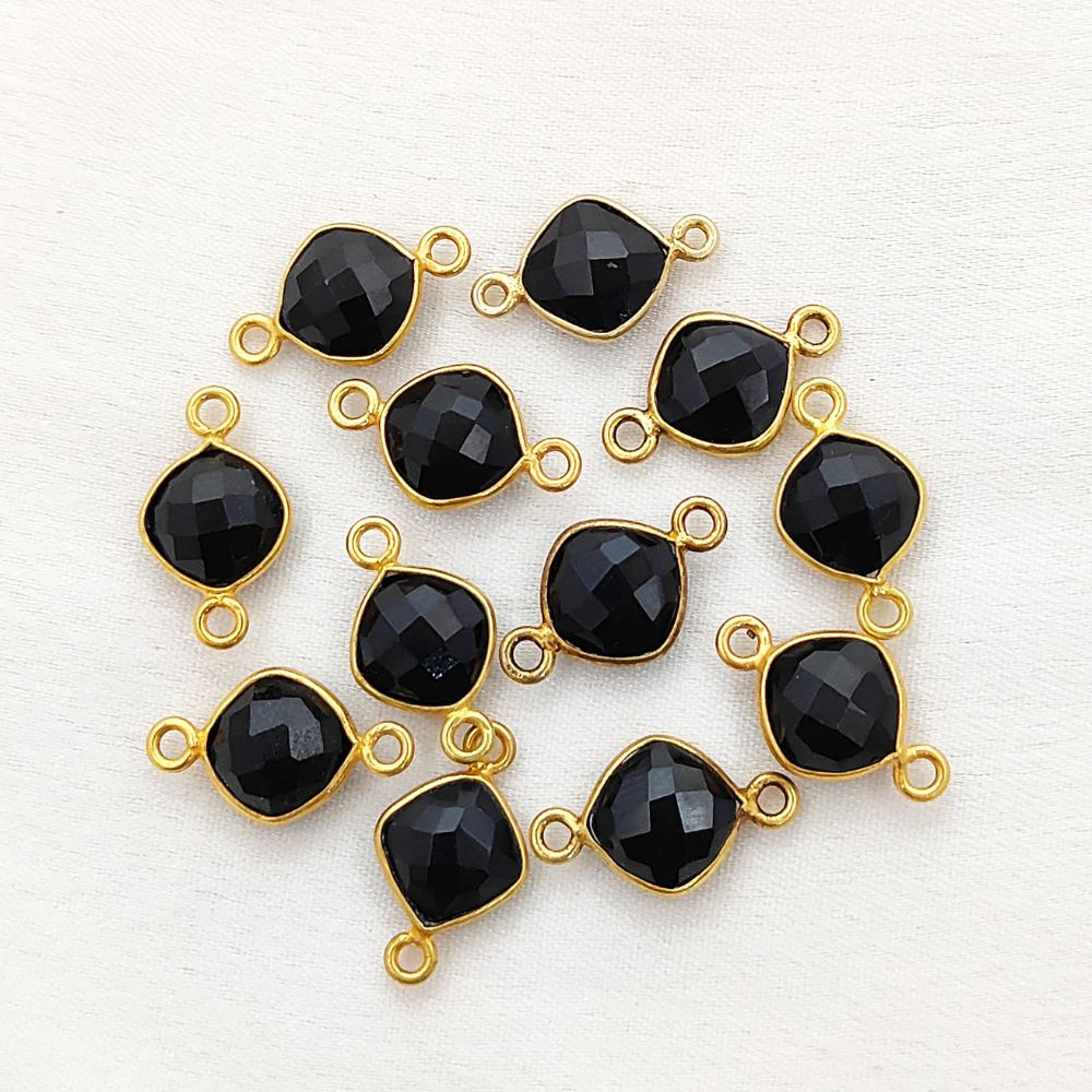 Handmade 8mm Black Onyx Gemstone Connector Cushion Cut Gold Plated Dual Loop Charm for Jewelry Making- Selling Per Piece