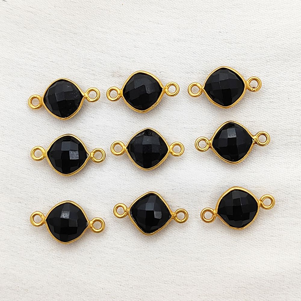 Handmade 8mm Black Onyx Gemstone Connector Cushion Cut Gold Plated Dual Loop Charm for Jewelry Making- Selling Per Piece