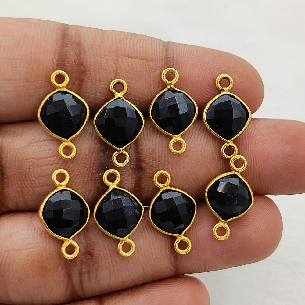 Handmade 8mm Black Onyx Gemstone Connector Cushion Cut Gold Plated Dual Loop Charm for Jewelry Making- Selling Per Piece