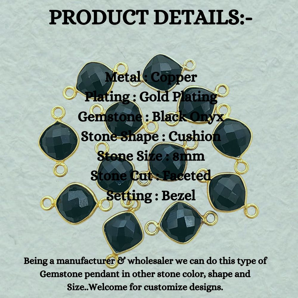 Handmade 8mm Black Onyx Gemstone Connector Cushion Cut Gold Plated Dual Loop Charm for Jewelry Making- Selling Per Piece