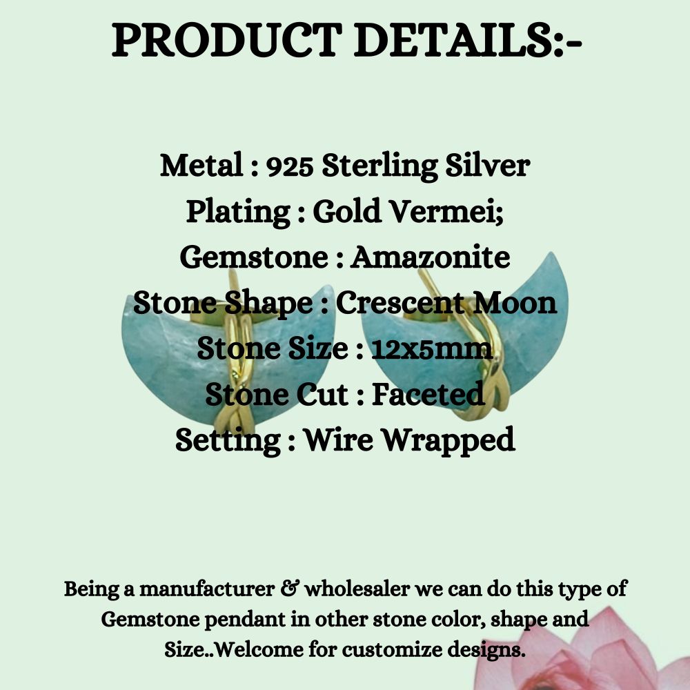 Handmade Amazonite Crescent Stud Earrings in Gold Plated Sterling Silver Dainty Half Moon Jewelry Gift for Women- Selling Per Piece