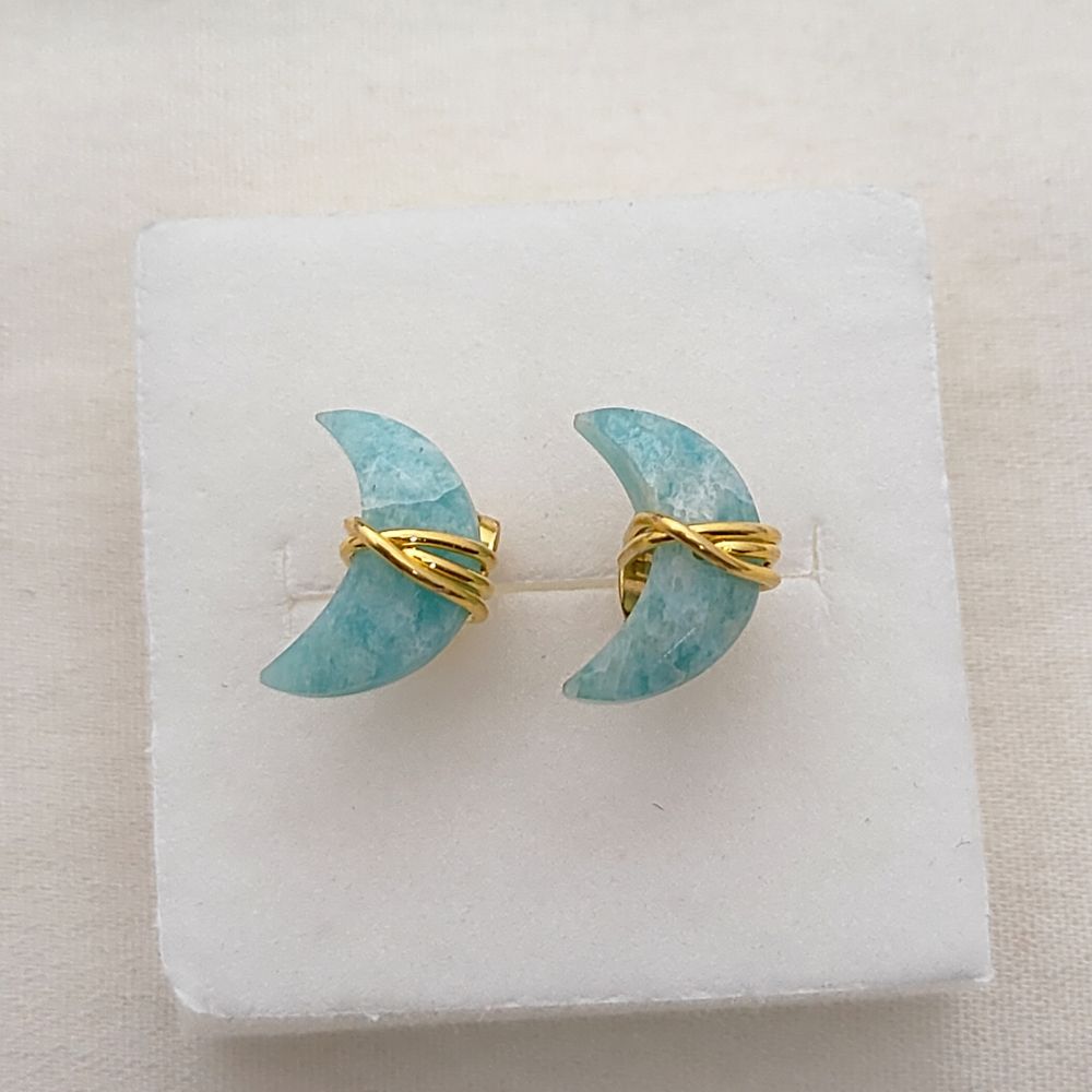 Handmade Amazonite Crescent Stud Earrings in Gold Plated Sterling Silver Dainty Half Moon Jewelry Gift for Women- Selling Per Piece