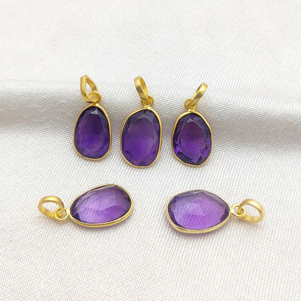 Handmade Amethyst Gemstone Pendant Unique Uneven Shape Gold/Silver Plated Charm