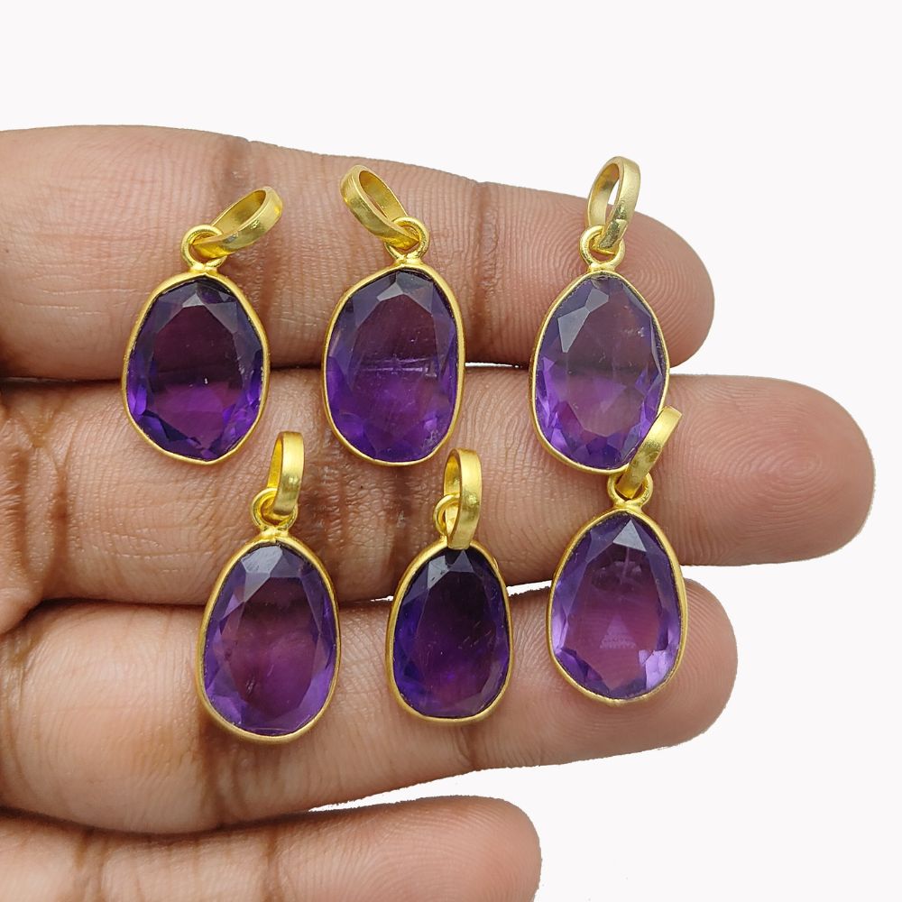 Handmade Amethyst Gemstone Pendant Unique Uneven Shape Gold/Silver Plated Charm